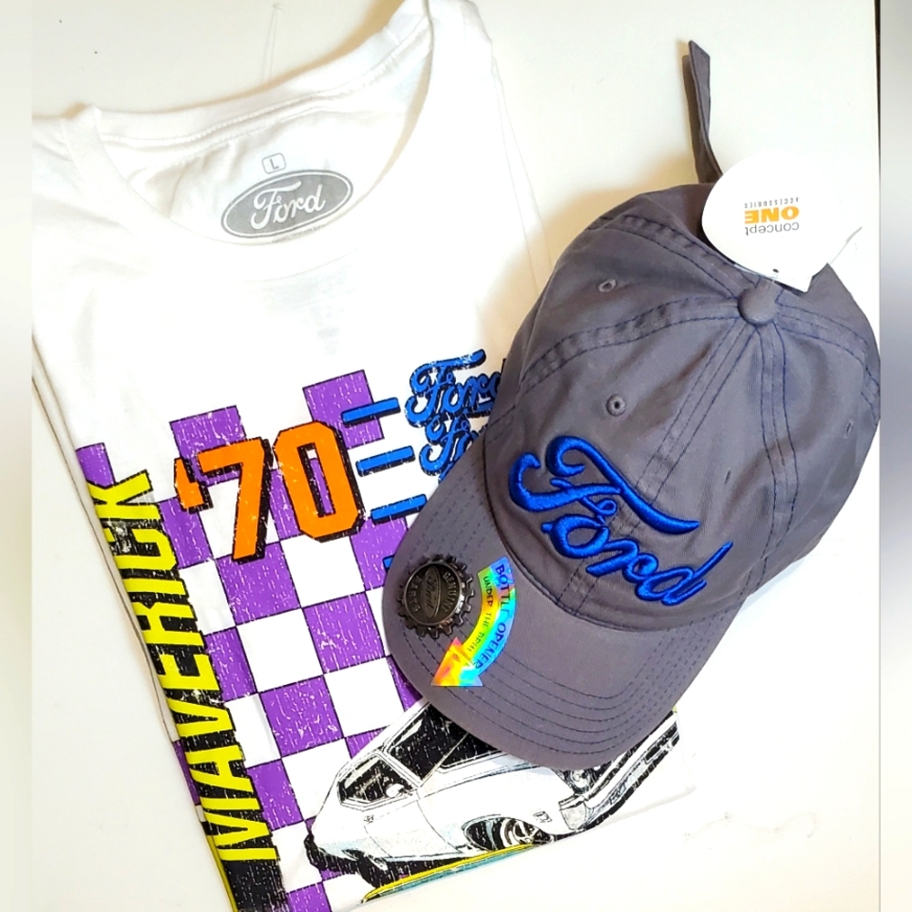 Ford Mavrick Retro Graphic T-Shirt with Genuine Ford Parts Embroidered Hat